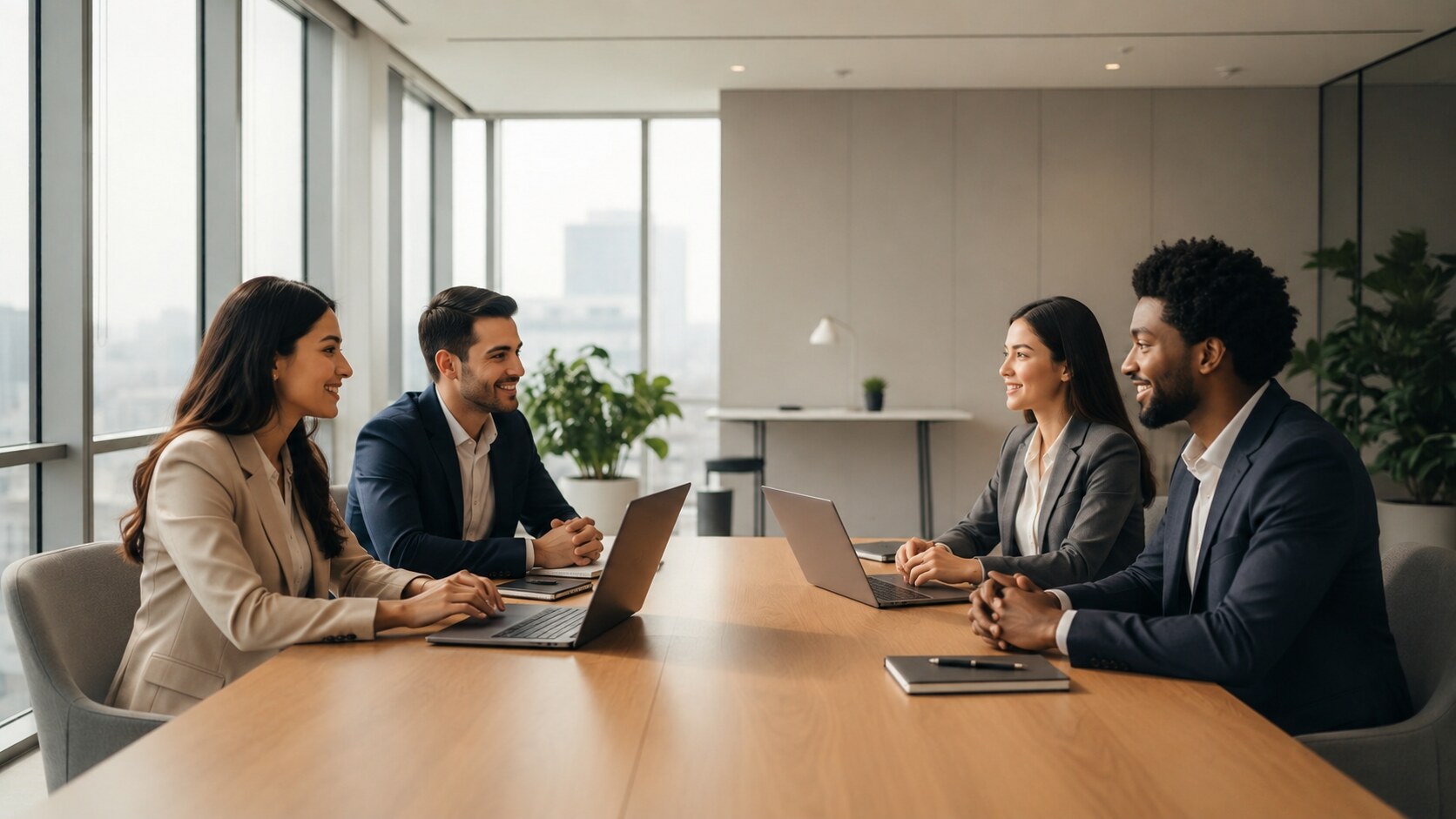 Equipo profesional colaborando en una oficina contemporánea
